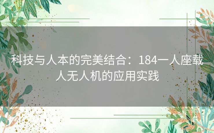 科技与人本的完美结合：184一人座载人无人机的应用实践